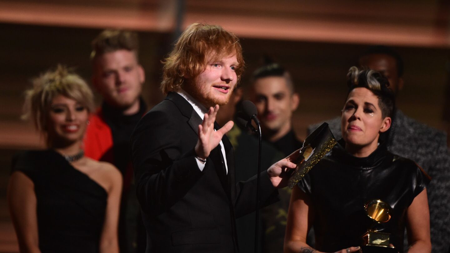 Ed Sheeran recieves the award for song of the year, "Thinking Out Loud."