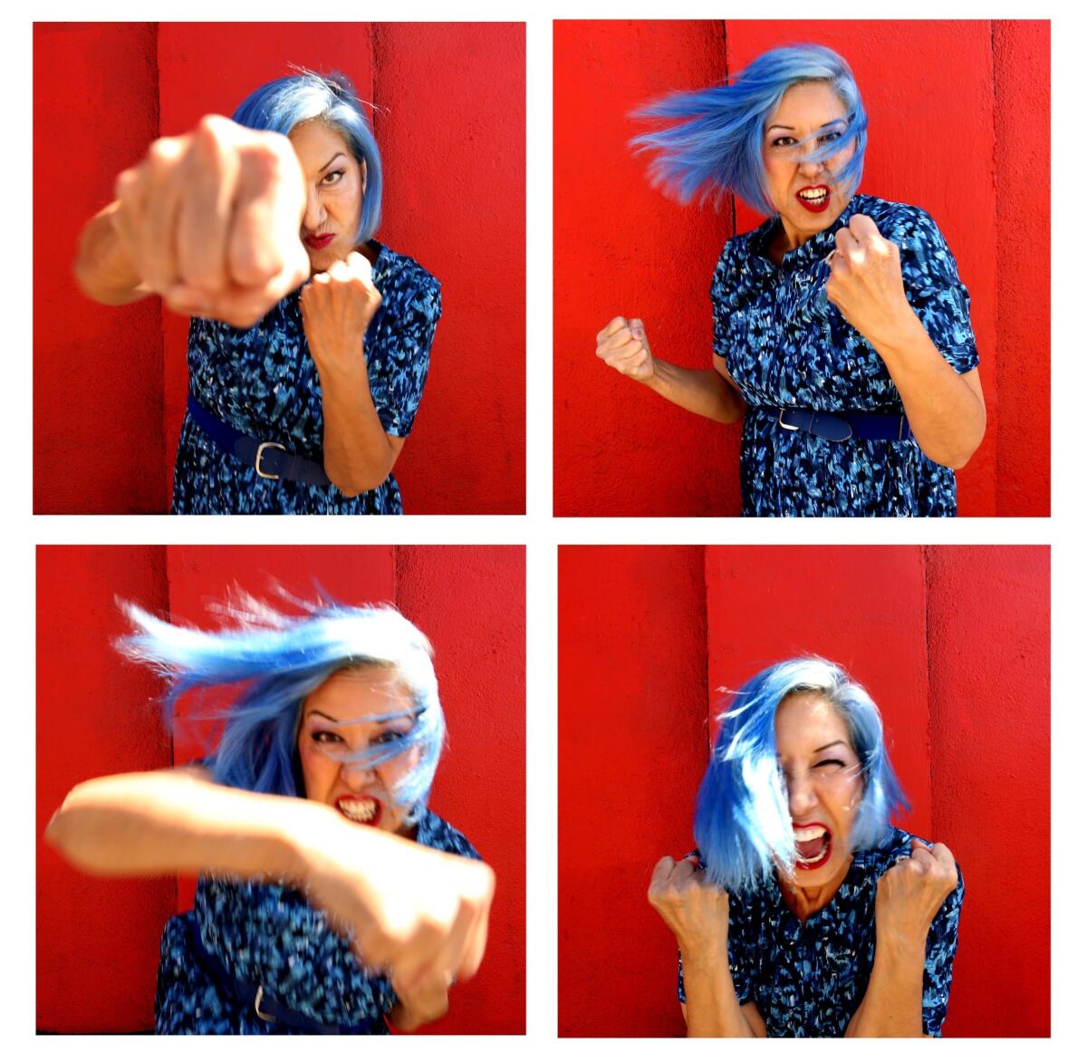 Four photos of Alice Bag, two of her punching forward and two of her holding her fists up.
