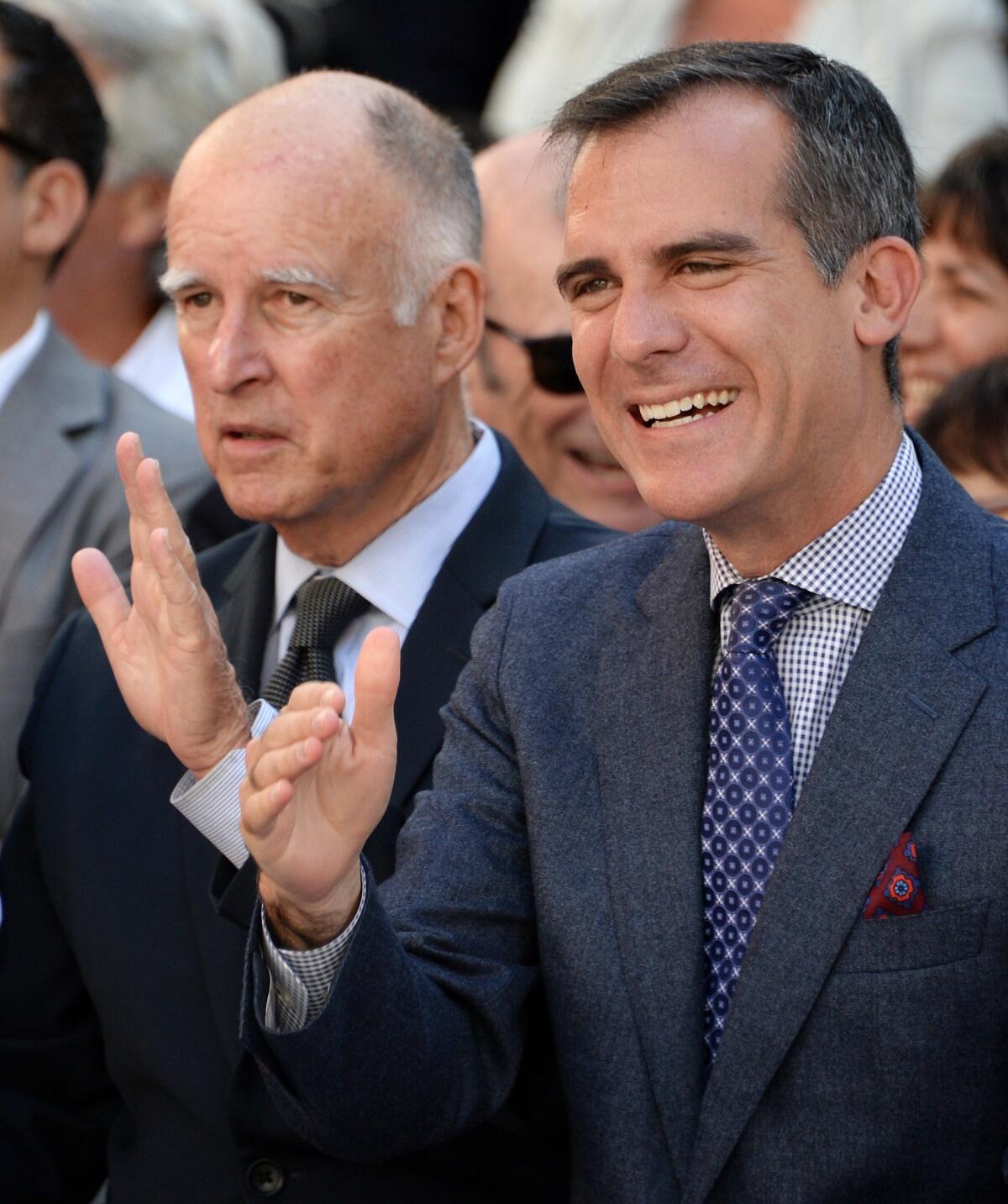 California Gov. Jerry Brown and Los Angeles Mayor Eric Garcetti in September.