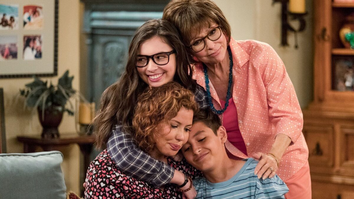 Clockwise from bottom left, Justina Machado, Isabella Gomez, Rita Moreno and Marcel Ruiz in "One Day at a Time."