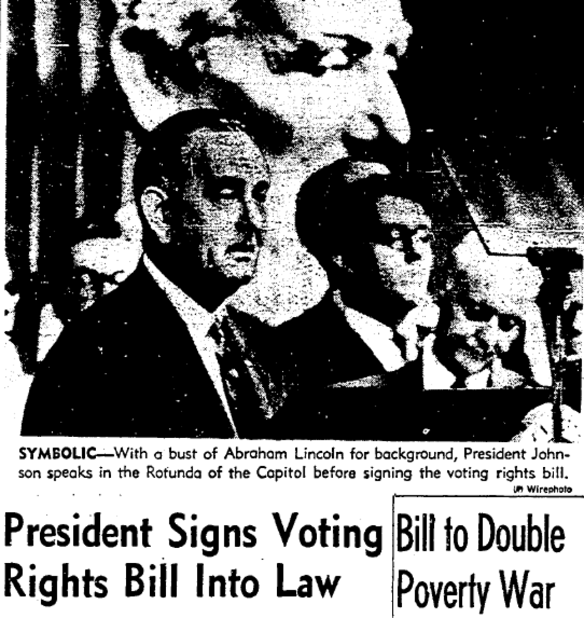 An article on the front page of the Los Angeles Times on Aug. 7, 1965 about Pres. Lyndon B. Johnson signing the Voting Rights Act.