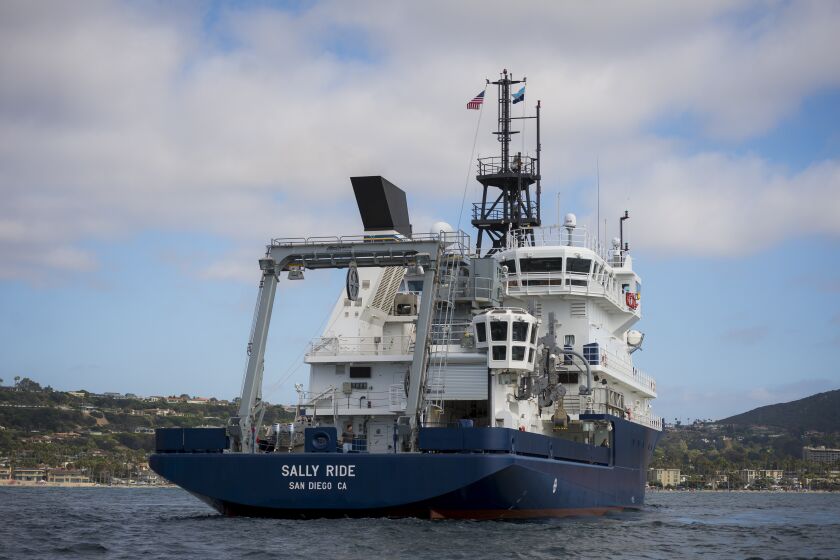 UC San Diego's Scripps Institution of Oceanography's newest research vessel, Sally Ride, during whistlestop visit off Scripps Pier. Photo taken in 2017.