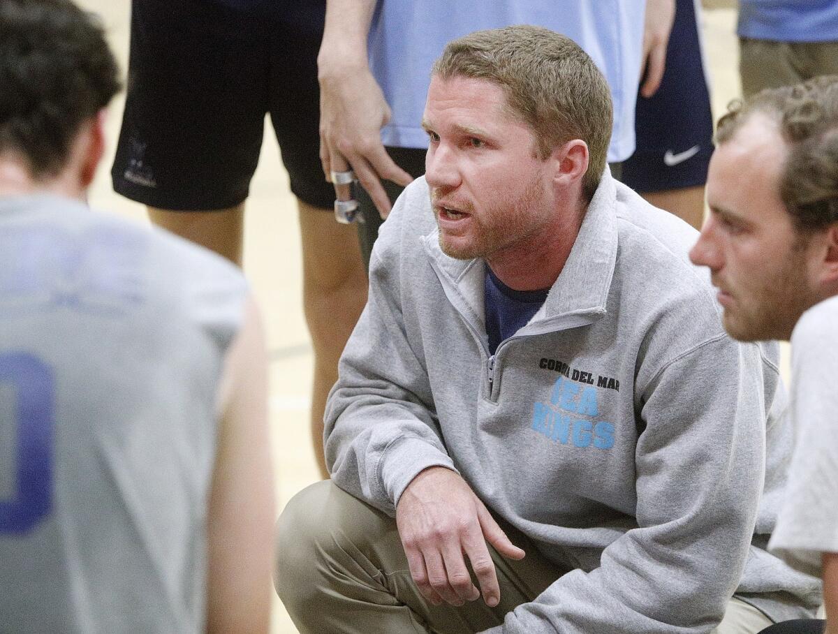 Corona del Mar coach Sam Stafford, pictured talking with his boys' team at Los Angeles Loyola on March 6, was named the school's girls' volleyball coach Thursday.