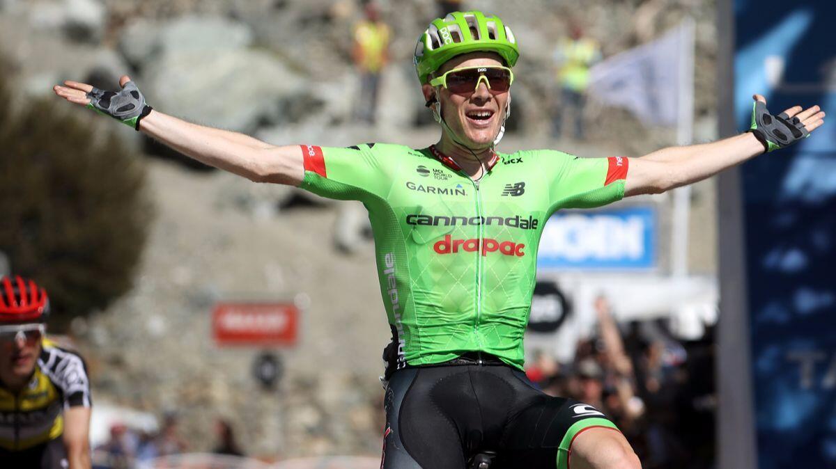 Andrew Talansky celebrates after winning Stage 5 of the Amgen Tour of California from Ontario to Mt. Baldy on Thursday.