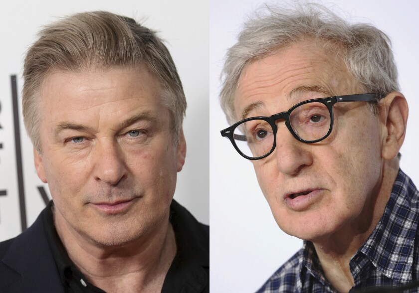 Actor Alec Baldwin attends the screening for "Framing John DeLorean" during the 2019 Tribeca Film Festival on April 30, 2019, in New York, left, and filmmaker Woody Allen attends a press conference for the film "Irrational Man," at the 68th international film festival, Cannes, southern France, on May 15, 2015. Allen told Alec Baldwin during a live interview Tuesday on Instagram that he is mulling ending his movie-making career, saying directing has lost its luster. (AP Photo)