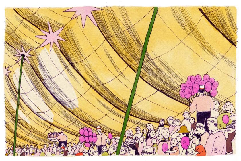Illustration of the inside of a circus tent. boy in foreground eats cotton candy