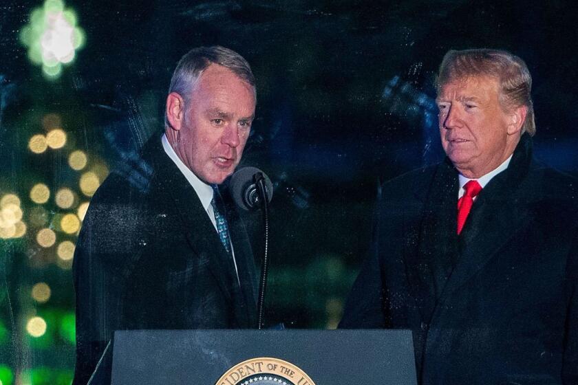 Mandatory Credit: Photo by ERIK S LESSER/EPA-EFE/REX (10003225j) US President Donald J. Trump (R) and US Secretary of the Interior Ryan Zinke (L) participate in the 2018 National Christmas Tree Lighting at The Ellipse in President's Park south of the White House in Washington, DC, USA, 28 November 2018. This is the 96th annual lighting ceremony. National Christmas Tree Lighting in Washington, DC, USA - 28 Nov 2018 ** Usable by LA, CT and MoD ONLY **