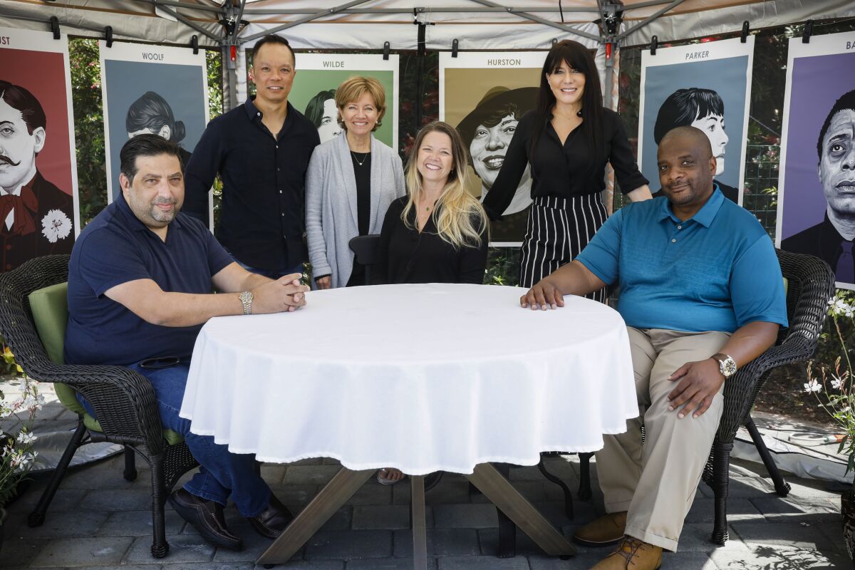 Authors in the Tent: Tod Goldberg, left, Quan Huynh, Patricia Santana, Amy Wallen, Ona Russell and Dennis Crosby.