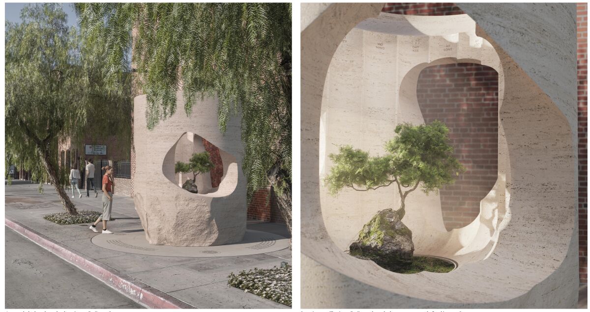 Dua rendering vertikal berdampingan menunjukkan pohon mini yang terkandung dalam struktur batu kapur silinder