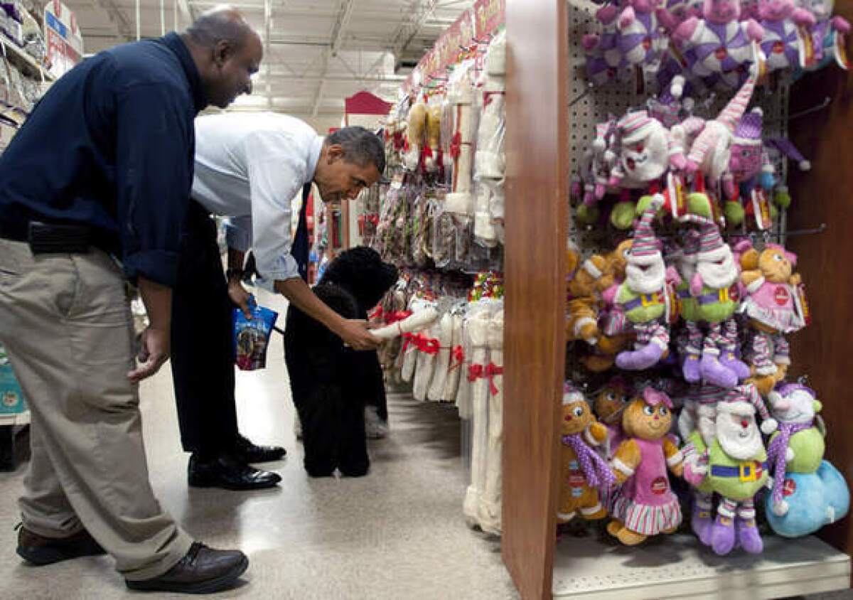President Obama shops for Christmas presents with his dog, Bo, at PetSmart in Alexandria, Va.