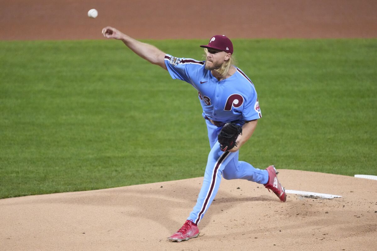 Noah Syndergaard delivers during Game 5 of the World Series between the Philadelphia Phillies and Houston Astros on Nov. 3.