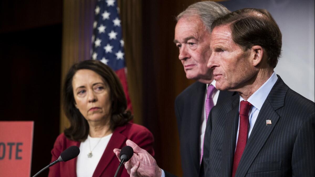 Sen. Richard Blumenthal (D-CT) speaks during a news conference on a petition to force a vote on net neutrality on Capitol Hill in Washington, DC. Also pictured are Sen. Maria Cantwell (D-WA) and Sen. Ed Markey (D-MA).