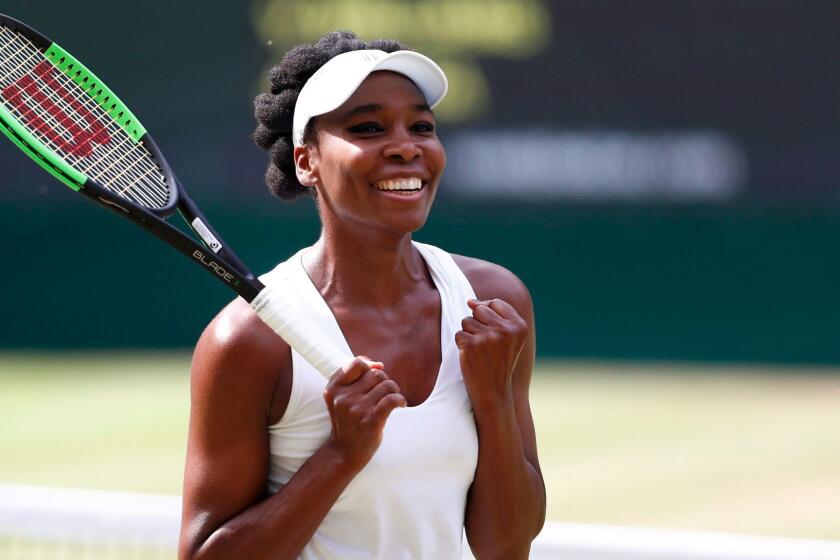 epa06085240 Venus Williams of the USA celebrates winning against Johanna Konta of Britain during their semi final match for the Wimbledon Championships at the All England Lawn Tennis Club, in London, Britain, 13 July 2017. EPA/NIC BOTHMA EDITORIAL USE ONLY/NO COMMERCIAL SALES ** Usable by LA, CT and MoD ONLY **