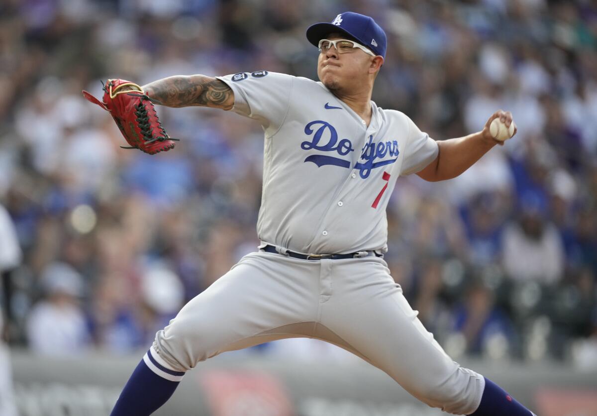 Dodgers left-hander Julio Urías works against the Colorado Rockies during the first inning July 16, 2021.