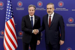 U.S. Secretary of State Antony Blinken, left, meets with Turkish Foreign Minister Hakan Fidan, amid the ongoing conflict between Israel and Hamas, at the Ministry of Foreign Affairs in Ankara, Turkey, Monday, Nov. 6, 2023. (Jonathan Ernst/Pool Photo via AP)