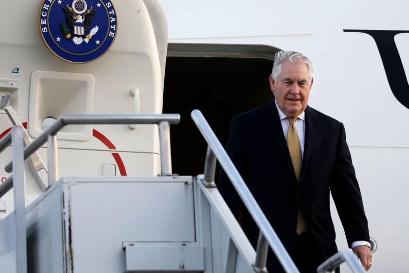 U.S. Secretary of State Rex Tillerson arrives to begin a six-day trip in Africa, after landing at the Addis Ababa International Airport, Tuesday, March 7, 2018, in Addis Ababa, Ethiopia. (Jonathan Ernst/Pool via AP)