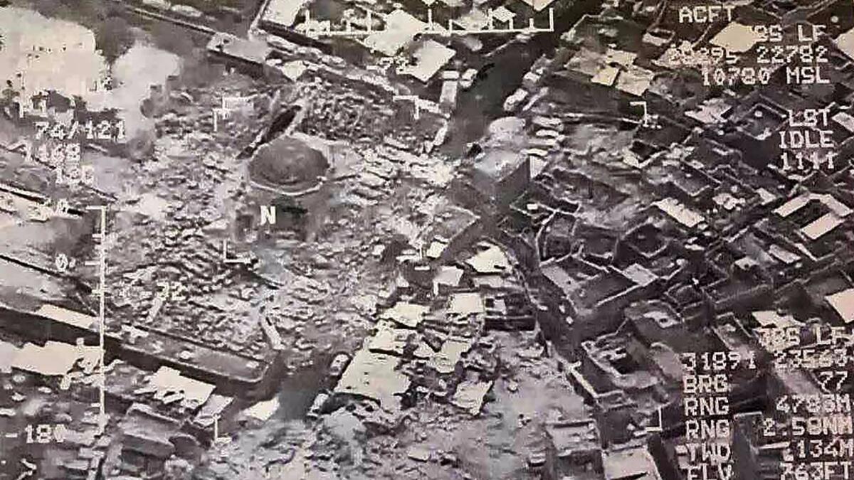 This aerial view taken on June 21, 2017, and provided by Iraq's Joint Operation Command reportedly shows destruction inside Mosul's Al-Nuri mosque compound.