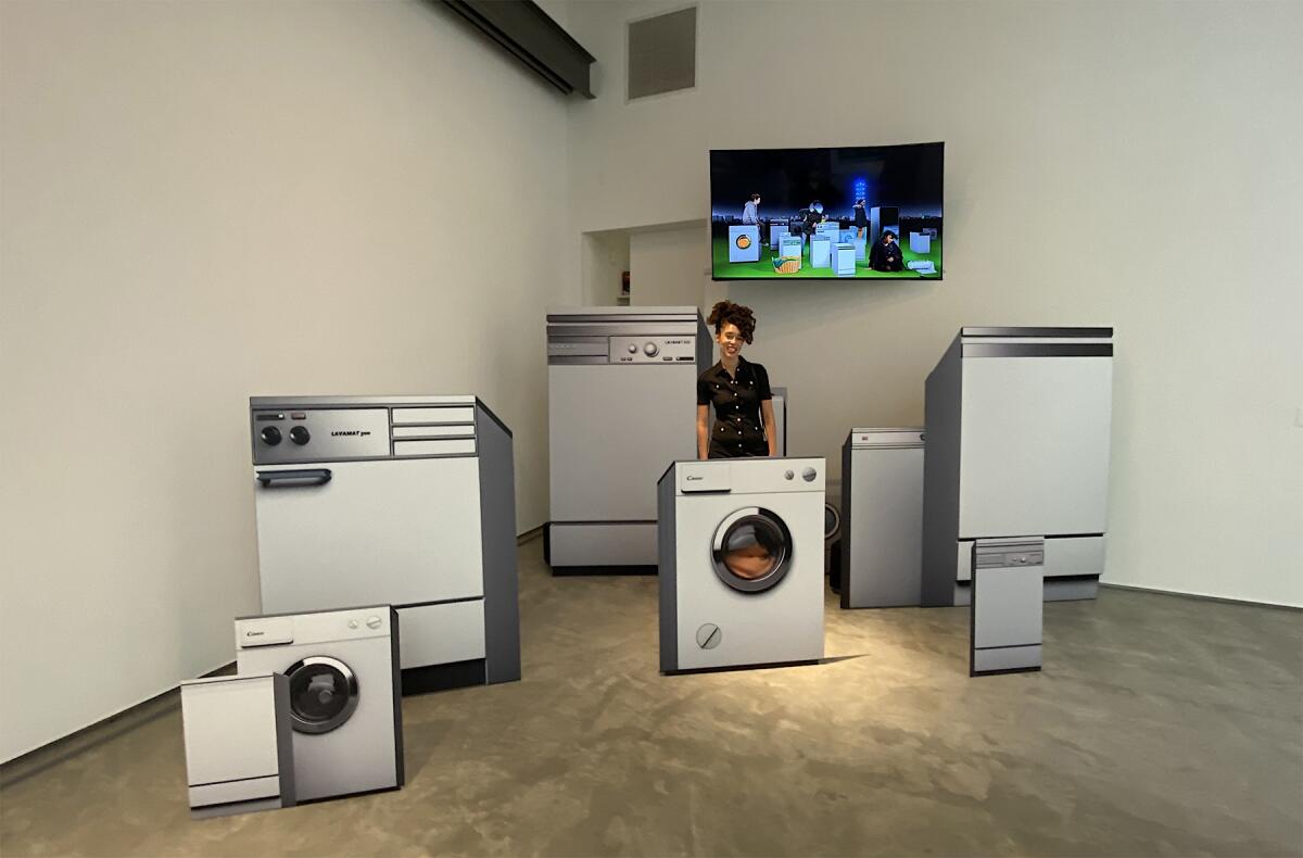 Danielle Dean surrounded by household appliances, with video above.