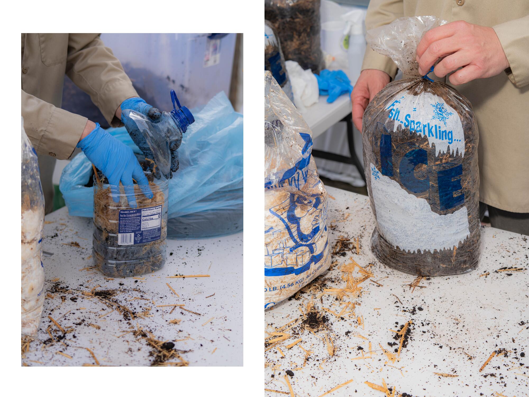 Two photos side by side, one showing hands stuffing a jug with material and the other showing a plastic ice bag, stuffed.