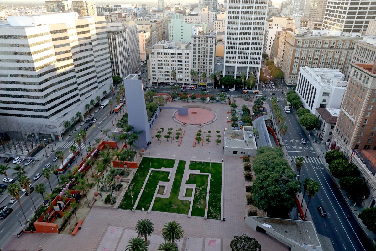 A view of Pershing Square from the rooftop deck at Park Fifth Tower in downtown L.A.