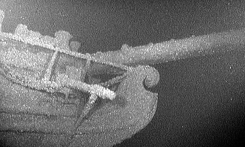 This handout image from video released by Jim Kennard and Dan Scoville, shows the decoratively carved scroll bow stem of the sunken 228-year-old British warship HMS Ontario.