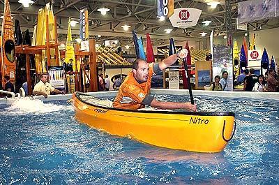 Manufacturers debuted tens of thousands of products at the Outdoor Retailer Summer Market. Following is a look at a few of the innovative outdoors items that will appear in stores in coming months. Not everyone attending the trade show was there to do business. At right, professional canoeist Matt Looze demonstrates the Esquif Nitro Canoe in a paddle tank.