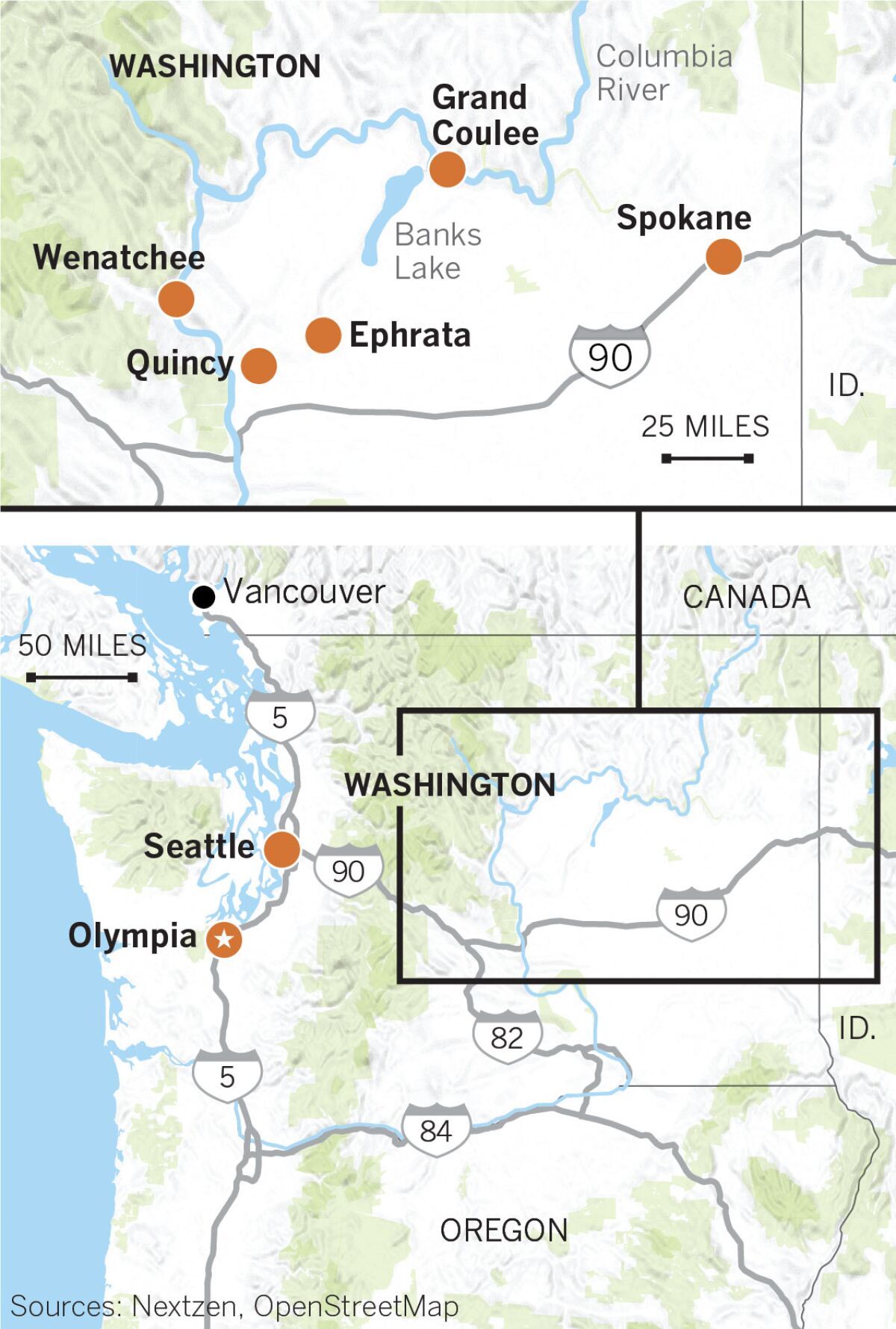Map of eastern Washington showing Spokane, Ephrata, Quincy, Grand Coulee, Wenatchee, Seattle and Olympia.
