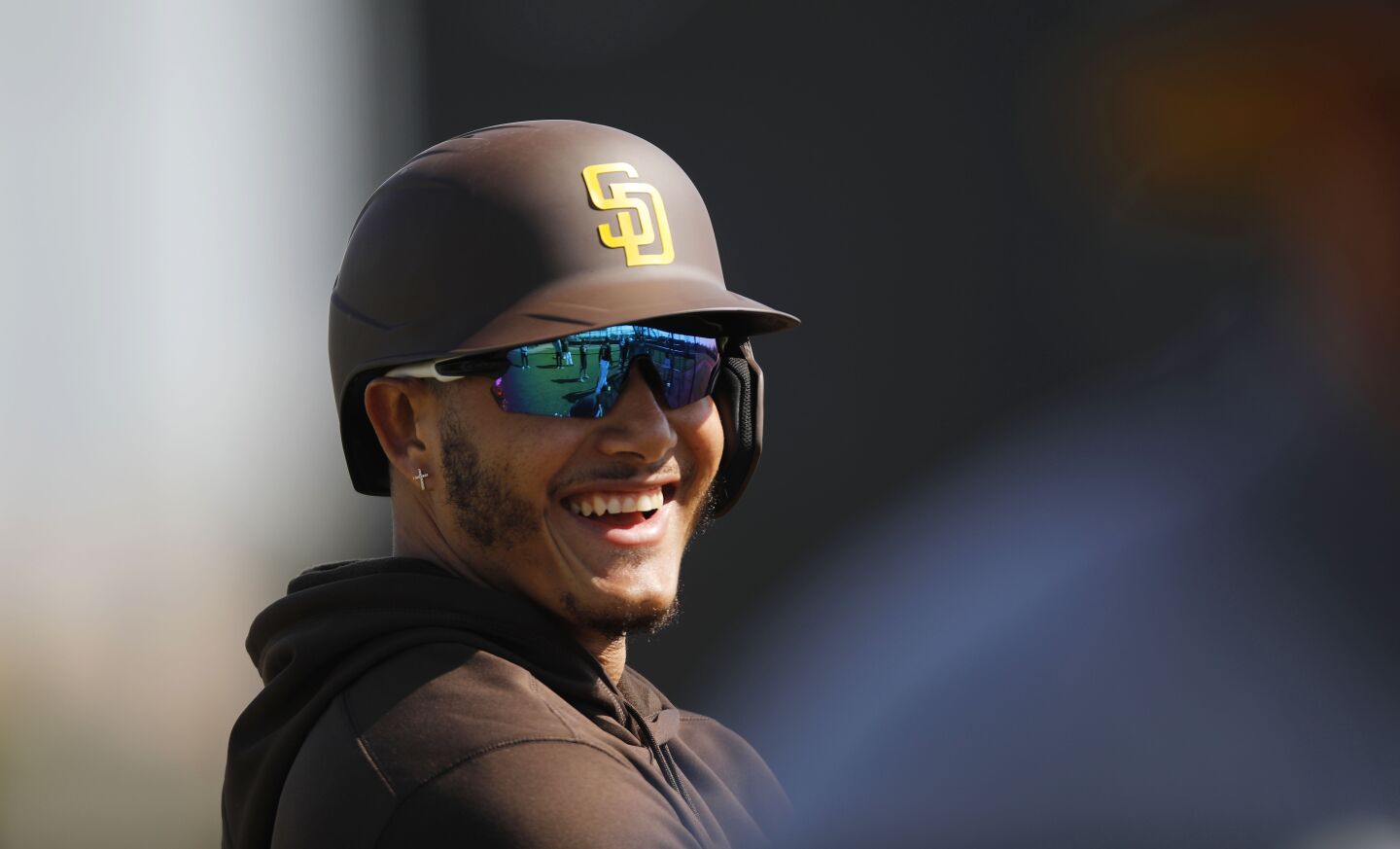 San Diego Padres Manny Machado waits to bat during a spring training practice on Feb. 18, 2020.
