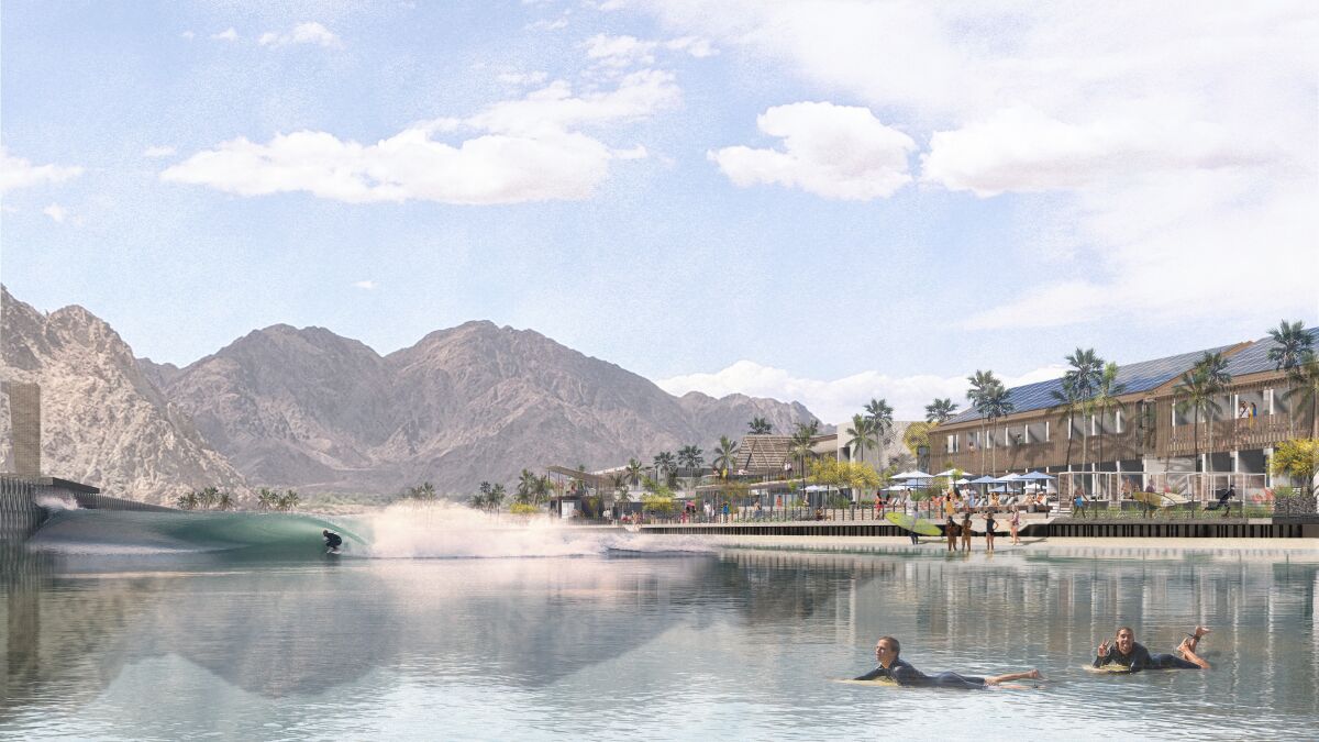 A rendering of the planned surfing basin at Coral Mountain resort in La Quinta.