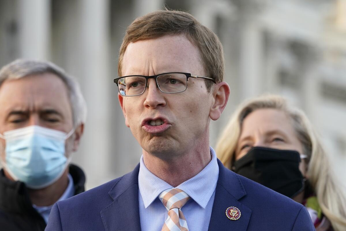 FILE - Rep. Dusty Johnson, R-S.D., speaks during a news conference on Dec. 21, 2020, on Capitol Hill in Washington. Johnson is seeking reelection in the Nov. 8 election. (AP Photo/Jacquelyn Martin, file)