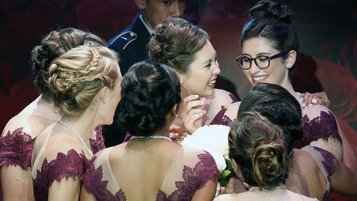 Louise Deser Siskel is surrounded by princesses after learning she is the 2019 Rose Queen at the Pasadena Playhouse on Oct. 23.