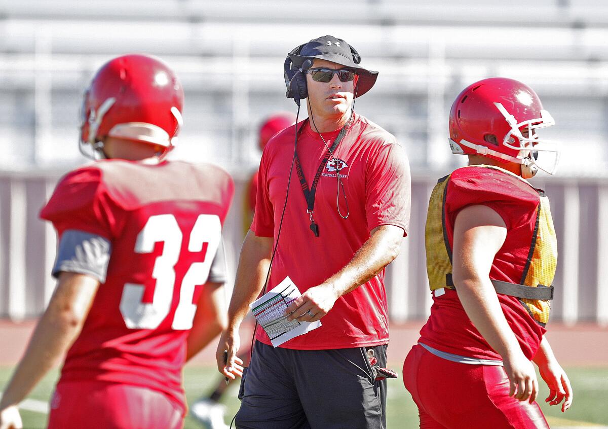 Burroughs' head coach Rand Holdren at football practice at Burroughs High School in Burbank on Tuesday, August 13, 2019.
