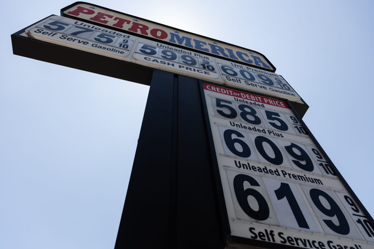 Prices displayed at Petromerica gas station in downtown San Diego on Thursday.