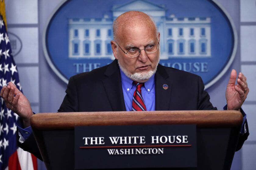 FILE - In this April 22, 2020, file photo Dr. Robert Redfield, director of the Centers for Disease Control and Prevention, speaks about the coronavirus in the James Brady Press Briefing Room of the White House in Washington. (AP Photo/Alex Brandon, File)