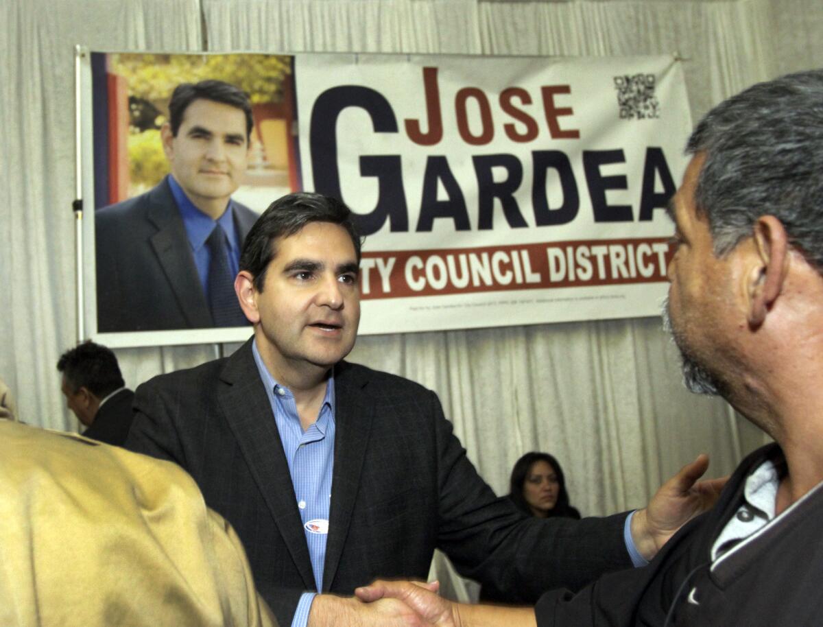 Jose Gardea, candidate for the City Council District 1 seat, greets supporters at his election night party March 5. Gardea advanced to a runoff against Gil Cedillo.