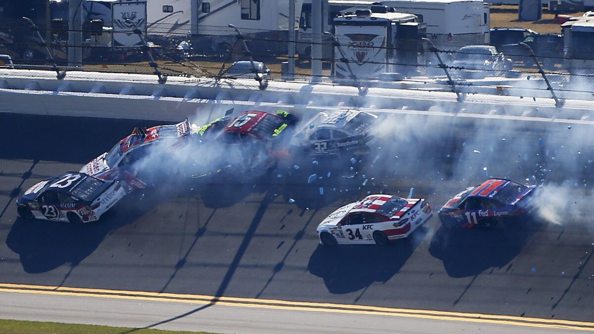 A crash involving Reed Sorenson and Clint Bowyer takes out a total of five cars Sunday at Daytona International Speedway during the first round of knockout qualifying for the Daytona 500.