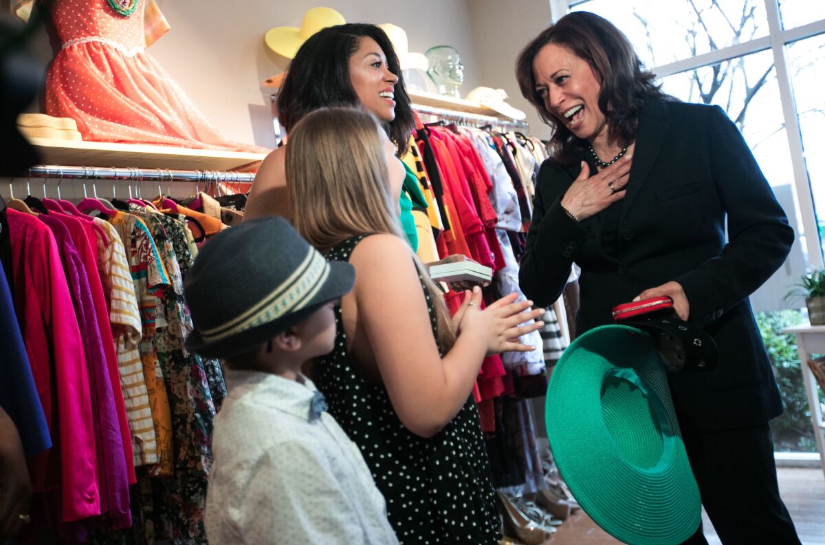 Sen. Kamala Harris visits a clothing store Saturday in Columbia, S.C.