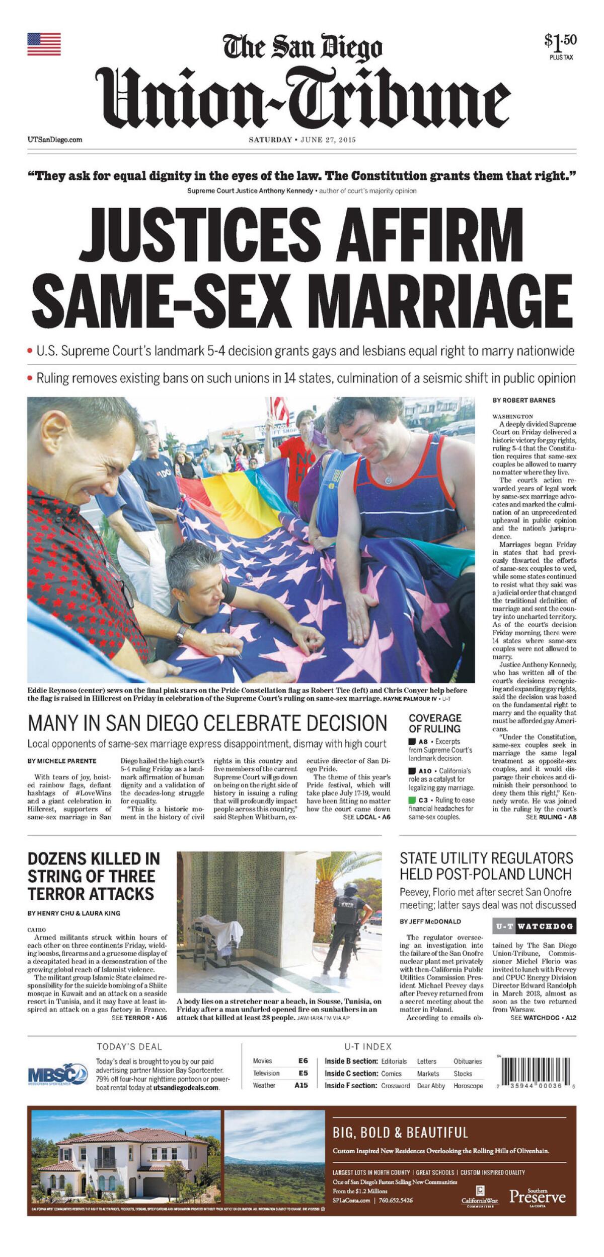 June 27, 2015: JUSTICES AFFIRM SAME-SEX MARRIAGE - The San Diego  Union-Tribune