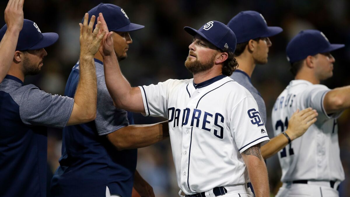 Padres closer Kirby Yates, center, could get even more opportunities to earn congratulations at the end of victories this season due to a bulked up bullpen in front of him.