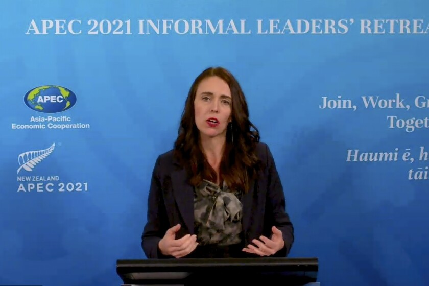 In this image from video, New Zealand Prime Minister Jacinda Ardern, APEC 2021 chair, speaks during a news conference in Wellington, New Zealand, on Saturday, July 17, 2021, about the Informal Leaders' Retreat virtual conference. (APEC2021 via AP)