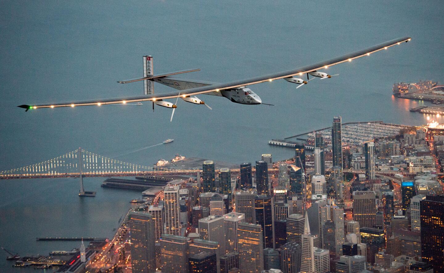 Solar Impulse 2 flies over San Francisco on Saturday night.