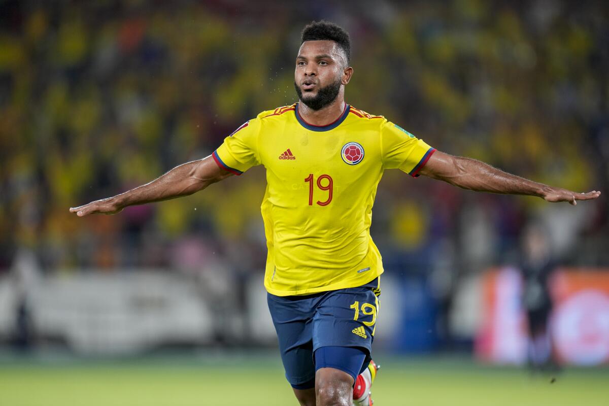 Colombia's Miguel Borja celebrates scoring