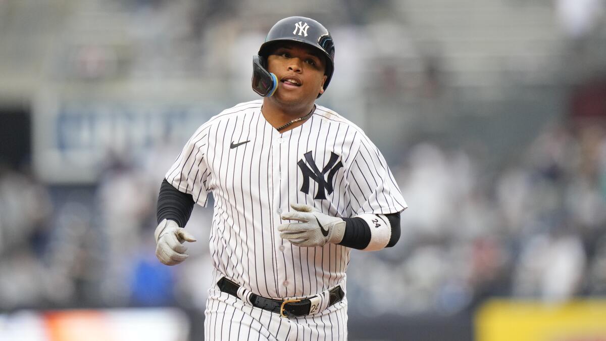 The New York Yankees' Willie Calhoun hits a home run against the Chicago White Sox on June 8 in New York.