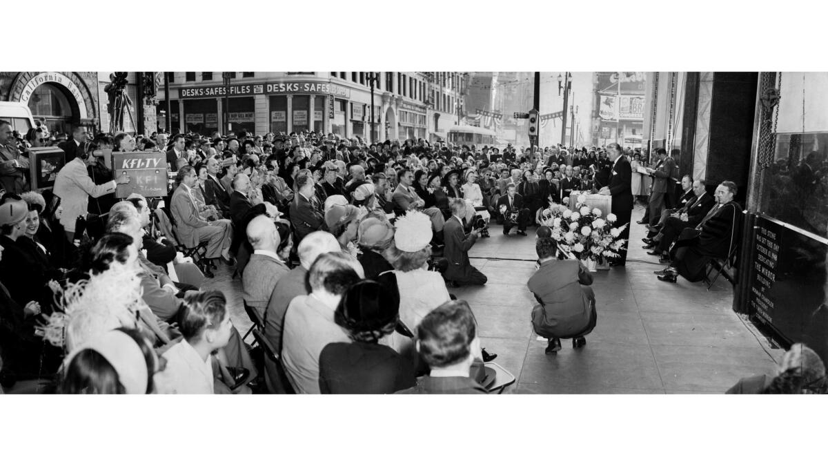 Oct. 10, 1948: Norman Chandler, president of the Times-Mirror Co., speaks at the laying of the cornerstone of the new Mirror building at 2nd and Spring Streets.