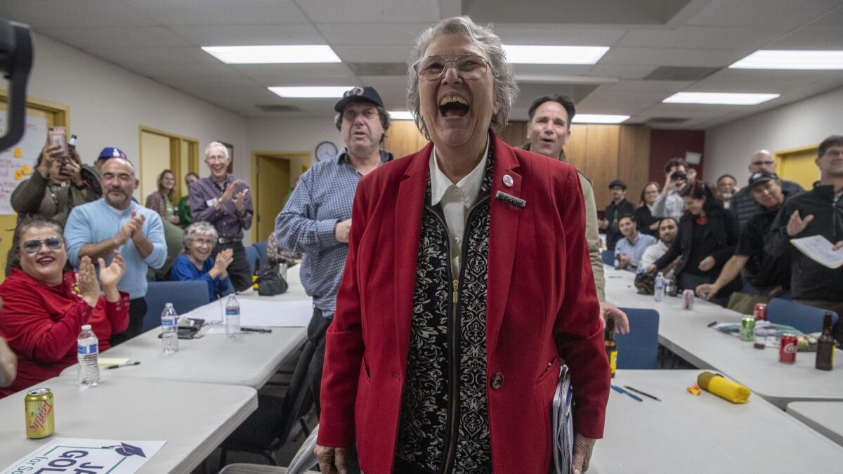 School board candidate Jackie Goldberg, at a campaign gathering in Westlake, is thrilled with early returns giving her a strong lead in the race for a pivotal L.A. school board seat.