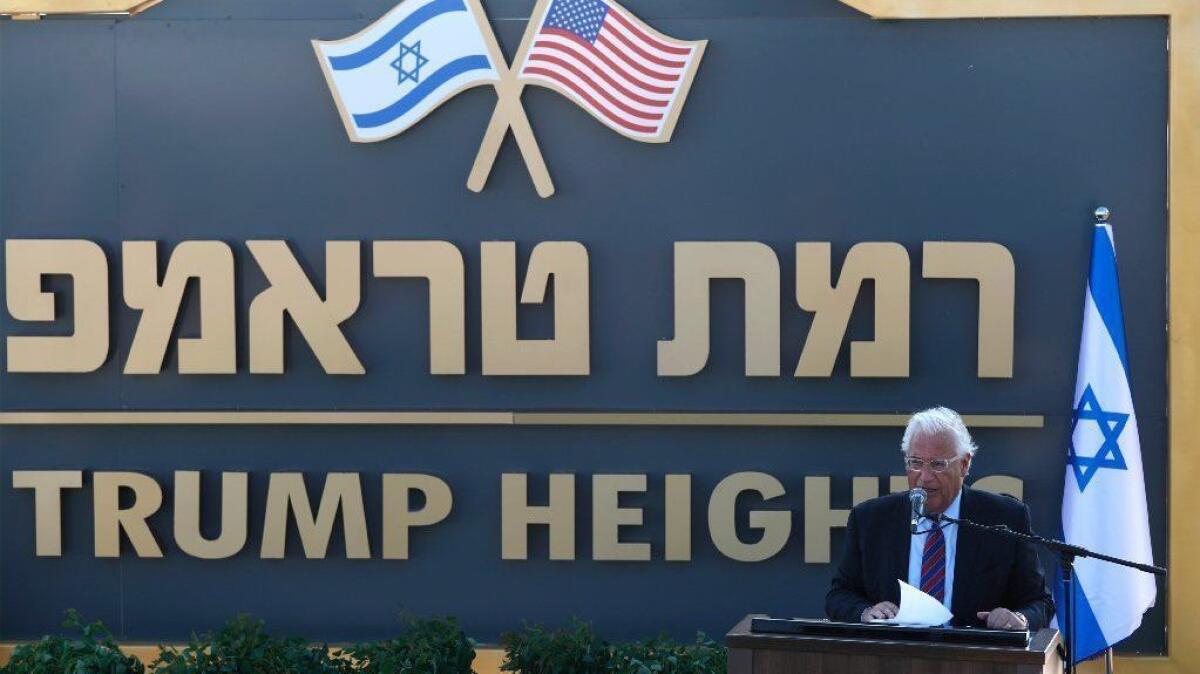 U.S. Ambassador to Israel David Friedman speaks during a ceremony on June 16 for a new settlement in the Golan Heights that will be called Trump Heights.