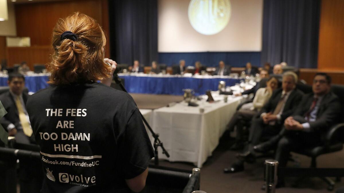 UC Berkeley student Kylie Murdock speaks out against a tuition increase at a UC regents meeting