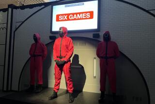 Three red-suited background characters stand in front of the orientation room as instructions for the Squid Game
