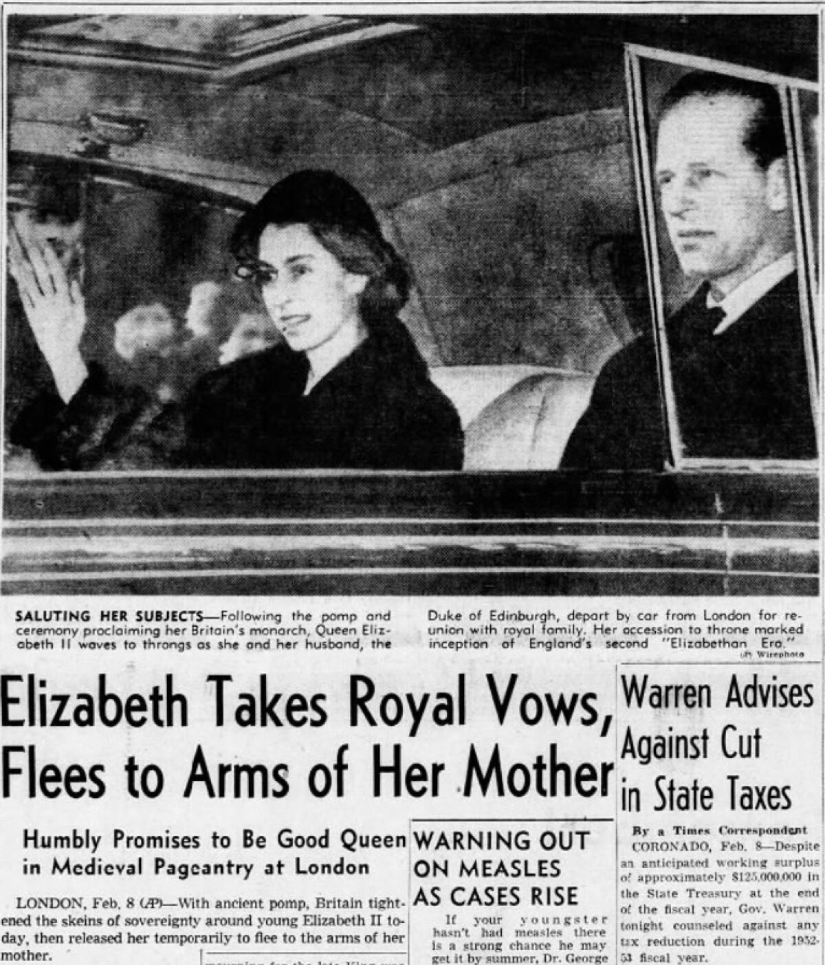 Une photo de la reine Elizabeth II en première page du numéro du 9 février 1952 du Los Angeles Times.