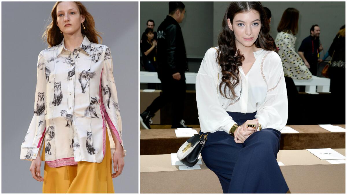 A look from Celine's show at Paris Fashion Week, left, and singer Lorde at the Chloe show.